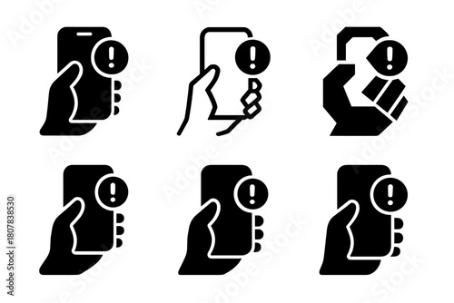 Notification Emotion Icons. Emotional weight of notifications. Icon set. Set Logo of emotional weight of notifications: hand holding smartphone with alert.