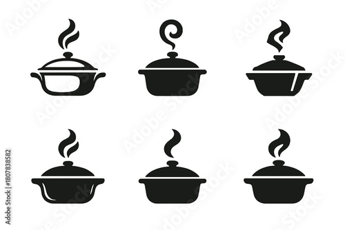 Traditional Food Icons. Comfort food and traditional dishes. Icon set. Set Logo of comfort food and traditional dishes: casserole dish with lid and decorative