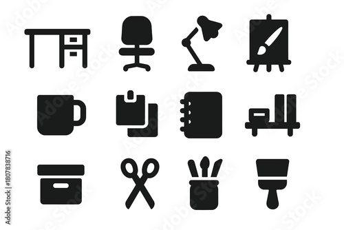 Creative Workspace Icons. Creative workspace. Solid icon set of Creative workspace: desk, chair, lamp, canvas, paintbrush, coffee mug, notes, sketchpad, wall