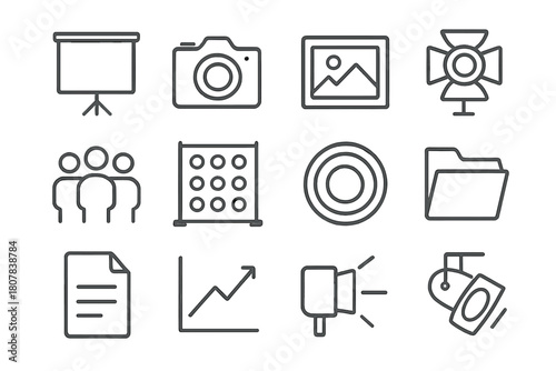Visual Presentation Icons. Visual Presentation. Line icon set of Visual Presentation: screen, camera, photo frame, light, tripod, crowd, logo wall, lens,