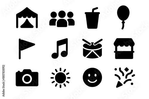 Street Festival Icons. Street festival. Solid icon set of street festival: tent, crowd, drink cup, balloon, flag, music note, drum, food stall, camera, sun,