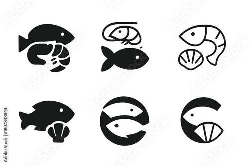 Fish Nutrition Icons. Nutrient-rich foods. Icon set. Set Logo of Nutrient-rich foods: Fish and seafood. harmonious logo variations of the same emblematic