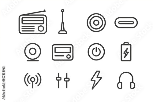 Vintage Radio Icons. Vintage radio. Line icon set of vintage radio: AM/FM radio, antenna, speaker, tuning dial, volume knob, display screen, power button,