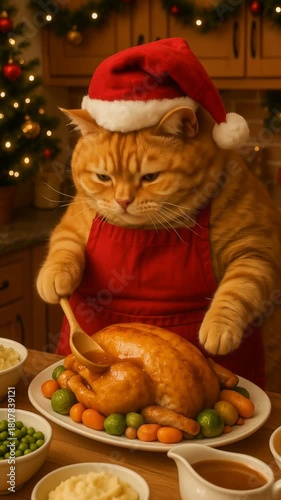 Anthropomorphic feline chef basting a roasted turkey. Holiday dinner preparation in a Christmas decorated kitchen. Camera tilting and panning.