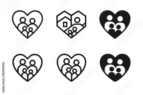 Family Vision Board Logos. Creating a family vision board. Icon set. Set Logo of Family vision board: Heart-shaped collage. harmonious logo variations of the