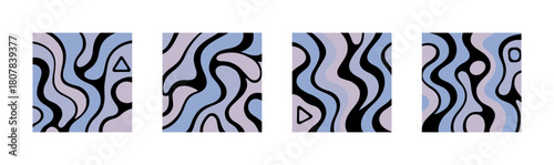 Four Abstract Vertical Panel Backgrounds with Flowing Shapes in Lilac and Black