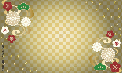 市松模様と梅や菊の花が彩る金色の華やかな和風背景イラスト