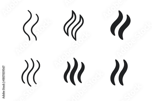 Steam Swirl Icons. Preparing a warm drink. Icon set. Set Logo of Steam Swirl: Wavy heat lines. Abstract geometric, Stylized detail, Minimal outline, Filled