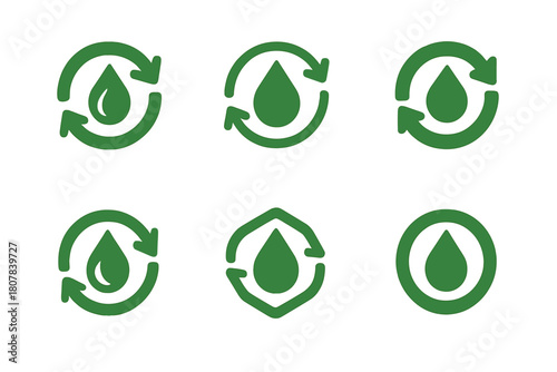 Eco-friendly Irrigation Icons. Eco-friendly irrigation. Icon set. Set Logo of eco-friendly irrigation: water droplet recycling loop. harmonious logo variations