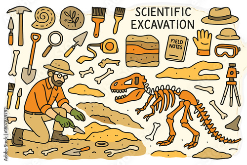 Colorful Excavation Tools. Scientific excavation. Hand-drawn doodle illustration paleontologist (colored), dinosaur skeleton (colored), fossils (colored),