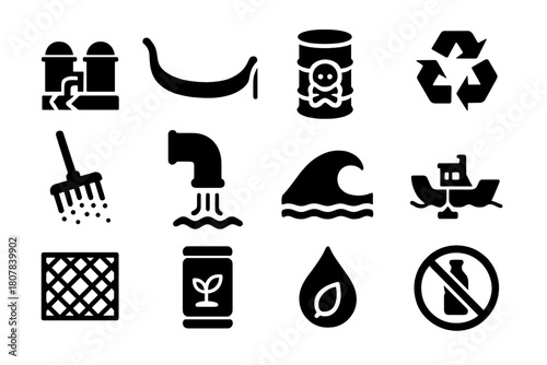 Pollution Prevention Icons. Water pollution prevention. Solid icon set of Water pollution prevention: wastewater plant, oil spill boom, chemical barrel,