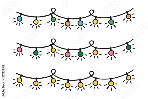 Hanging garlands with colorful party lights clipart set, festive decoration collection, hand drawn.
