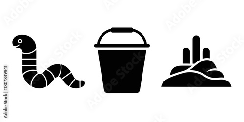 Worm Bucket and Soil Vector Icons
