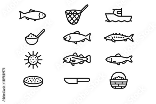 Roe Harvesting Icons. Harvesting roe. Line icon set of harvesting roe: fish, net, boat, scoop, salmon, sturgeon, sea urchin, cod, herring, tray, knife, basket.