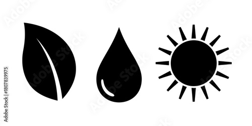 Leaf, Drop, and Sun Icons