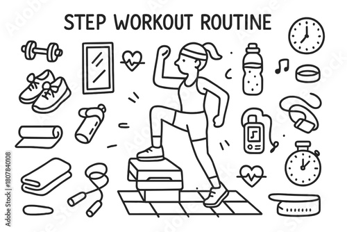 Step Workout Essentials. Step Workout Routine. Hand-drawn doodle illustration Step Workout Routine aerobic step, person exercising, dumbbells, sneakers, towel,