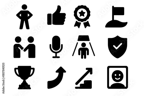 Confidence Icon Set. Confidence and Self-Efficacy. Solid icon set of Confidence and Self-Efficacy: power stance, thumbs up, success badge, goal flag, path