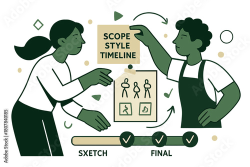 Art Commission Process. Commission process. A client hands a brief card reading ?Scope ? Style ? Timeline?; the artist pins it beside thumbnails. A progress