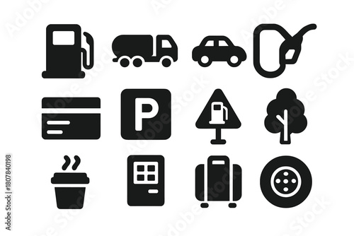 Fuel Station Icons. Fuel station scene. Solid icon set of Fuel station scene: gas pump, truck, car, fuel hose, credit card, parking, road sign, tree, coffee