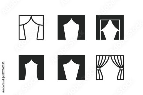 Curtain Emblem Variations. Curtains drawn in theater. Icon set. Set Logo of Curtains drawn in theater: Stage curtains closed. harmonious logo variations of the