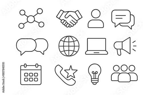 Networking Icon Set. Networking and visibility. Line icon set of networking and visibility: network nodes, handshake, profile, chat bubbles, globe, laptop,