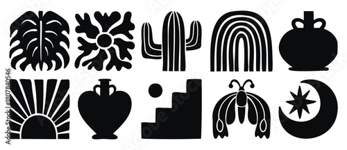 Monochrome boho doodle icons with butterfly rainbow moon sun leaves vase cactus ladder line art