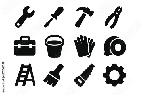 Maintenance Tools Icons. Maintenance tools. Solid icon set of maintenance tools: wrench, screwdriver, hammer, pliers, toolbox, bucket, gloves, tape, ladder,