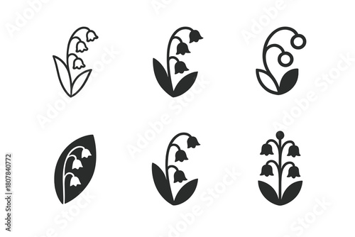 Lily of the Valley Logos. Lily of the Valley. Icon set. Set Logo of Lily of the Valley: delicate flower stem with bells. harmonious logo variations of the same