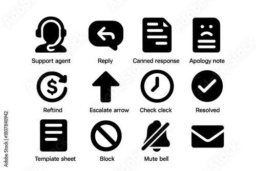 Response Management Icons. Response Management. Solid icon set of Response Management: support agent headset, reply bubble, canned response, apology note,