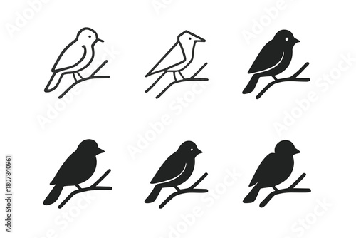 Lonely Bird Icons. Loneliness in old age. Icon set. Set Logo of Bird on Branch: Alone in tree. Stylized detail, Abstract geometric, Minimal outline, Filled