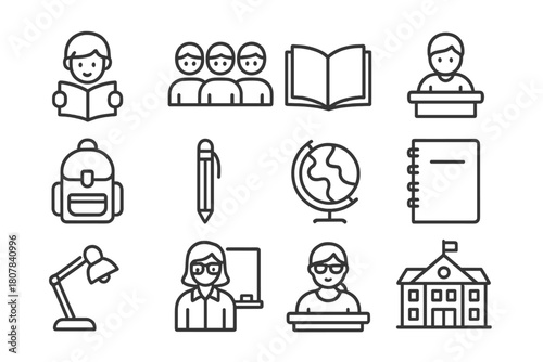 School Icons Collection. School Children Reading and Studying. Line icon set of School Children Reading and Studying: child reading book, group of students,