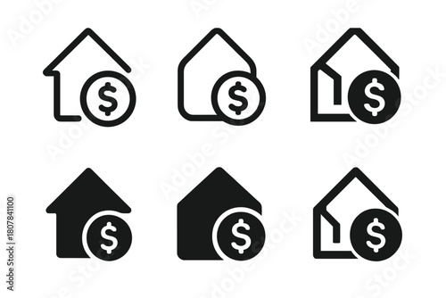 Family Budget Icons. Family budgeting. Icon set. Set Logo of family budgeting: interlocking home and coin symbols. harmonious logo variations of the same