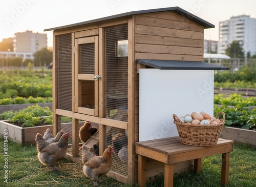 Modern wooden chicken coop with various free-range hens and a woven basket of multi-colored farm eggs, set in a sunny urban community garden at golden hour with a blank white sign.
