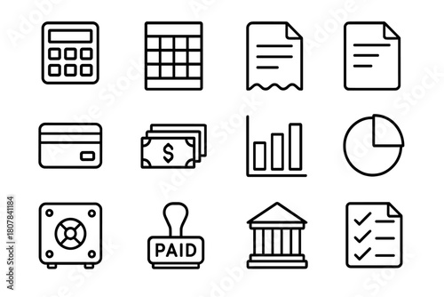 Financial Icon Set. Financial gain. Solid icon set of financial gain: dollar sign, coin stack, graph, arrow up, briefcase, hand, bag, calculator, shield,