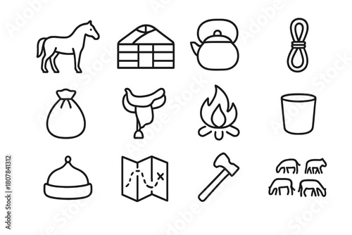 Nomad Line Icons. Nomad Life. Line icon set of Nomad Life: horse, yurt, kettle, rope, bag, saddle, fire pit, cup, tool, traditional hat, map, herd. All outline