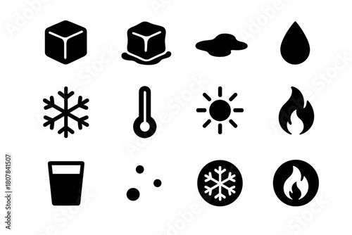 Solid to Liquid Icons. Solid to liquid. Solid icon set of Solid to liquid: ice cube, melting ice, puddle, water droplet, snowflake, thermometer, sun, flame,