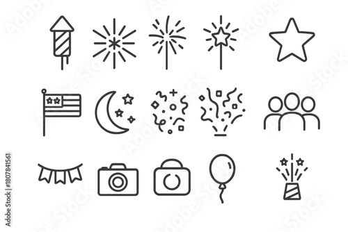 Fireworks Icon Set. Independence Day fireworks. Line icon set of Independence Day fireworks: rocket, burst firework, sparkler, star, flag, night sky, confetti,