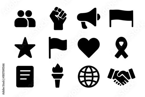 Grassroots Movement Icons. Grassroots movements. Solid icon set of grassroots movements: people group, raised fist, megaphone, banner, star, flag, heart,