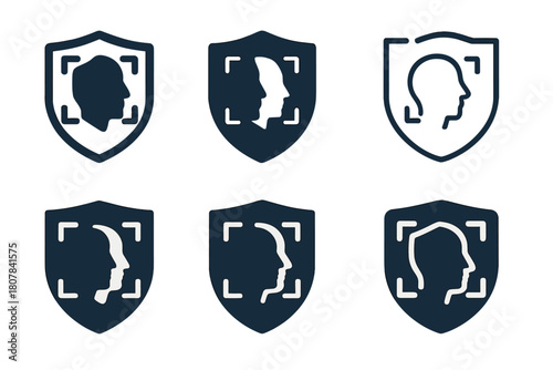 Facial Recognition Icons. Facial recognition. Icon set. Set Logo of facial recognition: ID card with face portrait circle. harmonious logo variations of the