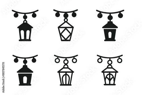Fairy Lights Icons. Setting up outdoor fairy lights. Icon set. Set Logo of setting up outdoor fairy lights: lantern and string combo. harmonious logo