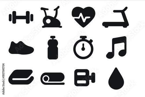 Fitness Icon Set. Fitness tracking. Solid icon set of Fitness tracking: smartwatch, running shoe, heart rate, step counter, dumbbell, stopwatch, water bottle,