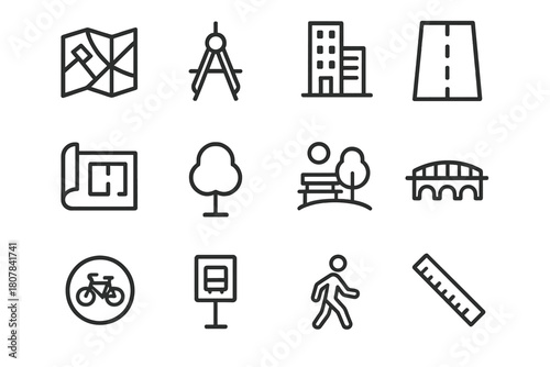 Urban Planning Icons. Urban expansion planning. Line icon set of Urban expansion planning: skyscraper, apartment building, road, bridge, house, construction