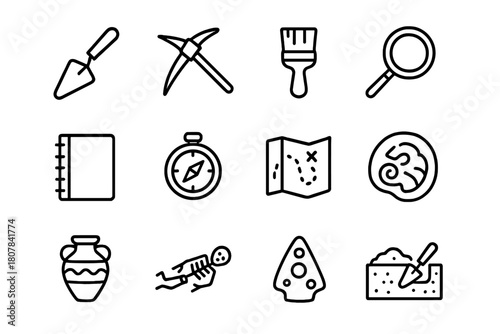 Excavation Tool Icons. Excavation tools. Line icon set of Excavation tools: trowel, pickaxe, brush, magnifying glass, notebook, compass, map, fossil, ancient