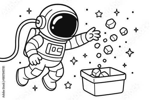 Zero-Gravity Pebble Gathering. Zero-gravity excavation children?s coloring book illustration, outlined drawing, tethered astronaut guiding floating pebbles