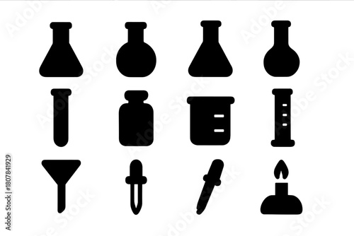 Lab Equipment Icons. Lab Equipment. Solid icon set of Lab Equipment: Erlenmeyer flask, round-bottom flask, volumetric flask, Florence flask, test tube, reagent