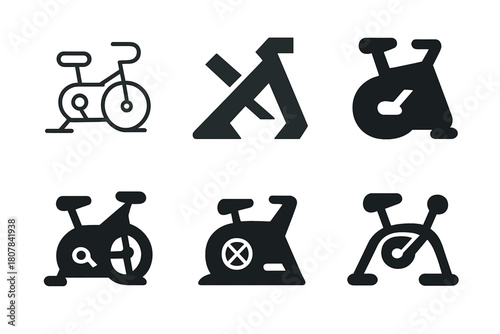 Exercise Bike Logos. exercise bike. Icon set. Set Logo of exercise bike: digital fitness bike with screen. harmonious logo variations of the same emblematic