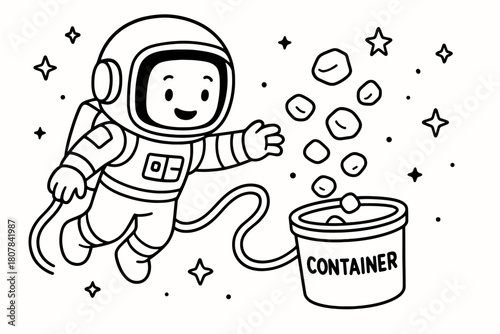 Zero-Gravity Pebble Gathering. Zero-gravity excavation children?s coloring book illustration, outlined drawing, tethered astronaut guiding floating pebbles
