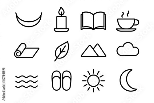 Relaxation Icon Set. Relaxation and calm. Solid icon set of Relaxation and calm: lotus flower, candle, leaf, wave, music note, cloud, moon, feather, cup of