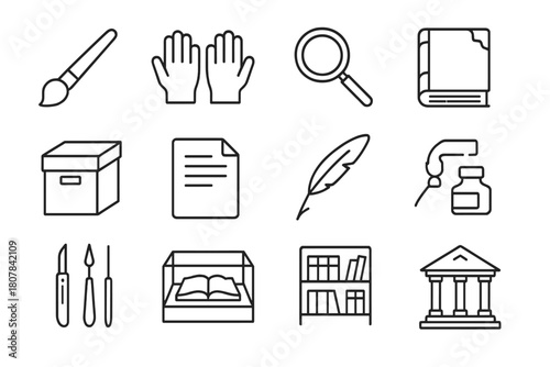 Book Repair Icons. Book repair workshop. Line icon set of Book repair workshop: paintbrush, gloves, magnifying glass, old book, archival box, document, feather