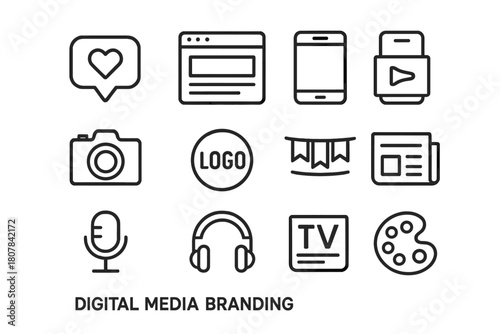 Digital Media Icons. Digital media branding. Line icon set of Digital media branding: social media icon, website, smartphone, camera, logo, banner, megaphone,